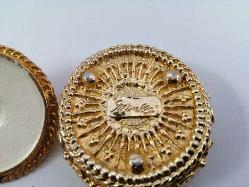 Gold plated trinket pill box by Mirella, faux pearls turquoise 1950s