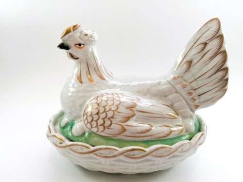 Staffordshire Pottery Hen Chicken on Nest egg tureen and cover Gold Gilt Antique c 1870 RARE