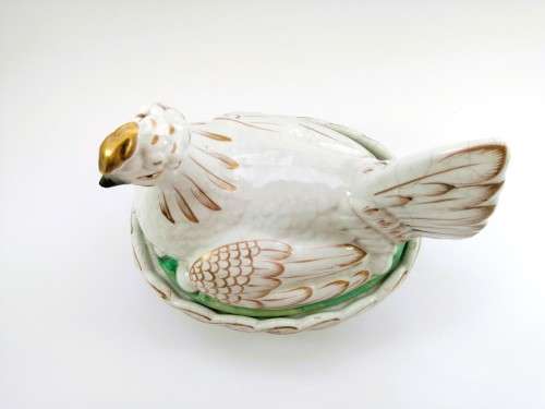 Staffordshire Pottery Hen Chicken on Nest egg tureen and cover Gold Gilt Antique c 1870 RARE