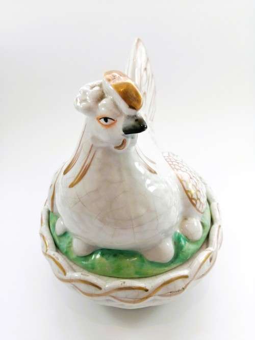 Staffordshire Pottery Hen Chicken on Nest egg tureen and cover Gold Gilt Antique c 1870 RARE
