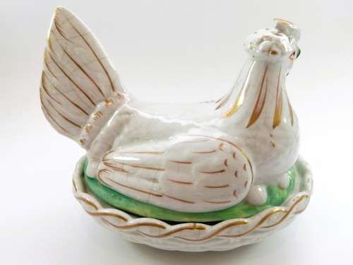 Staffordshire Pottery Hen Chicken on Nest egg tureen and cover Gold Gilt Antique c 1870 RARE