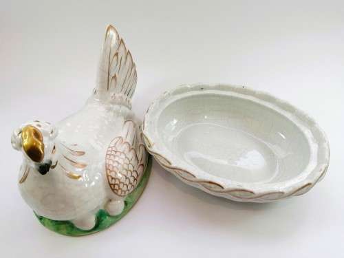 Staffordshire Pottery Hen Chicken on Nest egg tureen and cover Gold Gilt Antique c 1870 RARE