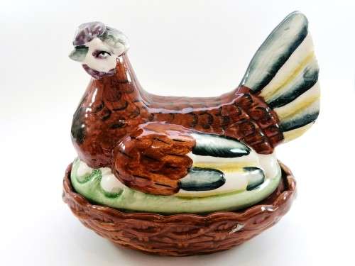 Marvelous Rare Large Figural English Staffordshire Porcelain Laying Hen Chicken on Nest Tureen