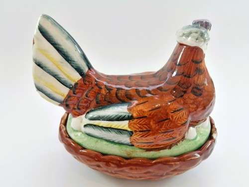 Marvelous Rare Large Figural English Staffordshire Porcelain Laying Hen Chicken on Nest Tureen