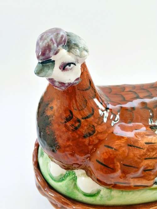 Marvelous Rare Large Figural English Staffordshire Porcelain Laying Hen Chicken on Nest Tureen