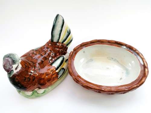 Marvelous Rare Large Figural English Staffordshire Porcelain Laying Hen Chicken on Nest Tureen