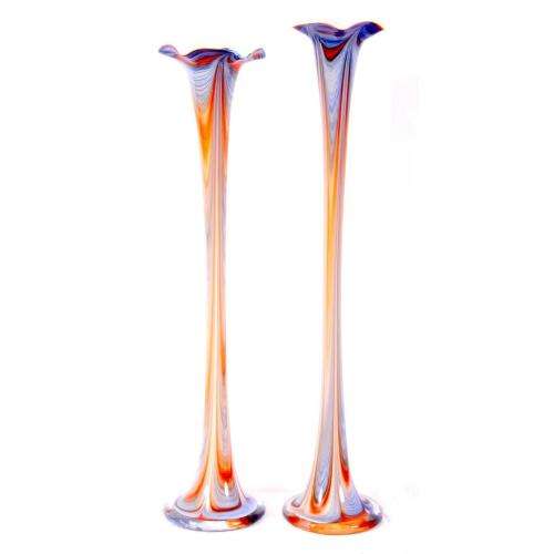 Magnificent 82cm Two tall Murano-style art glass waterfall coloured vases