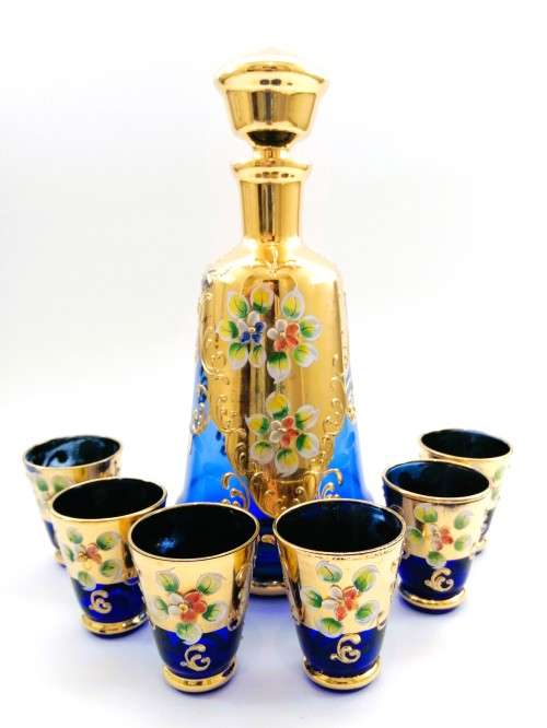Vintage Italian Cobalt Blue & Gold Venetian De - Ar Sesto Fiorentini Italian Glasses and decanter