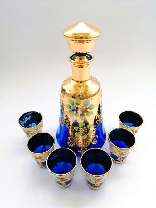 Vintage Italian Cobalt Blue & Gold Venetian De - Ar Sesto Fiorentini Italian Glasses and decanter