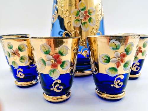 Vintage Italian Cobalt Blue & Gold Venetian De - Ar Sesto Fiorentini Italian Glasses and decanter