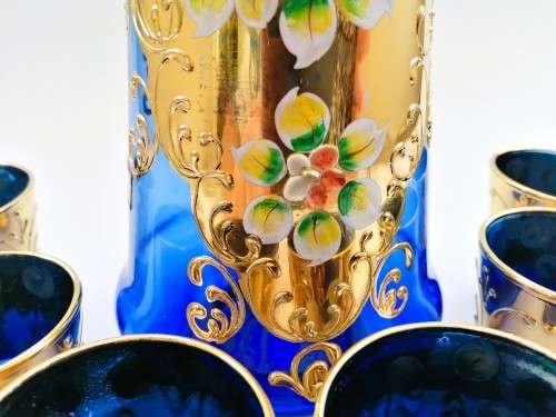 Vintage Italian Cobalt Blue & Gold Venetian De - Ar Sesto Fiorentini Italian Glasses and decanter