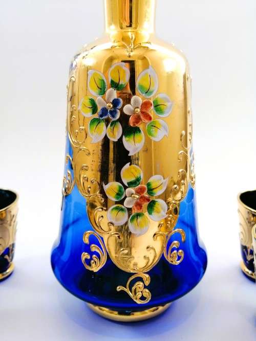 Vintage Italian Cobalt Blue & Gold Venetian De - Ar Sesto Fiorentini Italian Glasses and decanter