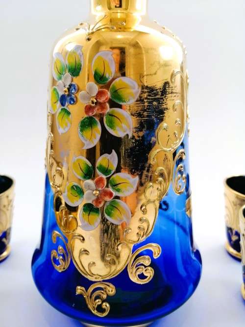 Vintage Italian Cobalt Blue & Gold Venetian De - Ar Sesto Fiorentini Italian Glasses and decanter