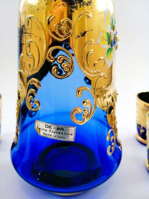 Vintage Italian Cobalt Blue & Gold Venetian De - Ar Sesto Fiorentini Italian Glasses and decanter