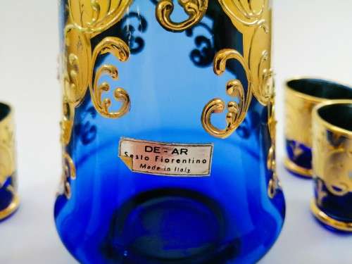 Vintage Italian Cobalt Blue & Gold Venetian De - Ar Sesto Fiorentini Italian Glasses and decanter