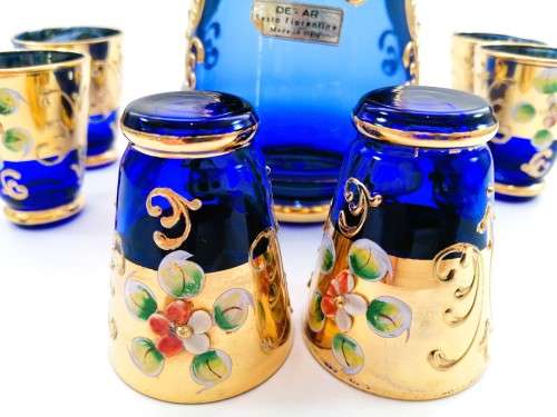 Vintage Italian Cobalt Blue & Gold Venetian De - Ar Sesto Fiorentini Italian Glasses and decanter