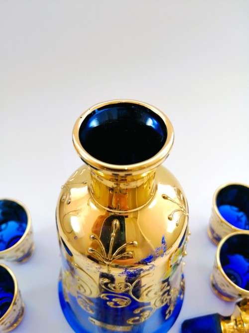 Vintage Italian Cobalt Blue & Gold Venetian De - Ar Sesto Fiorentini Italian Glasses and decanter