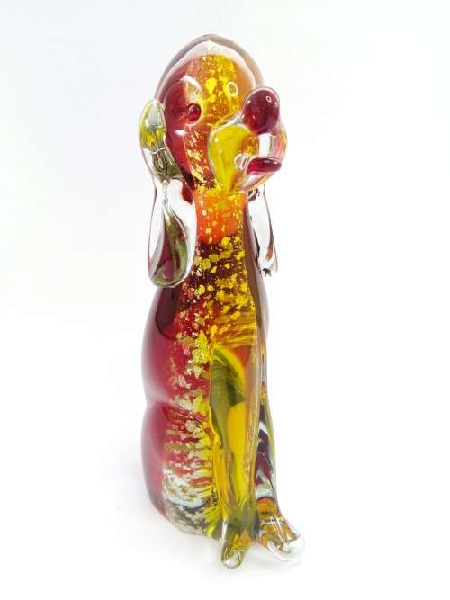 Vintage Murano Sommerso Hand Blown Large Art Glass Dog- Yellow, Red and Gold Flecks