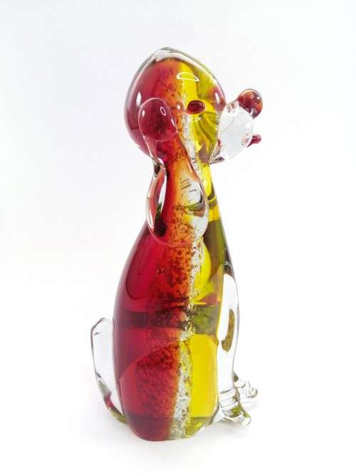 Vintage Murano Sommerso Hand Blown Large Art Glass Dog- Yellow, Red and Gold Flecks