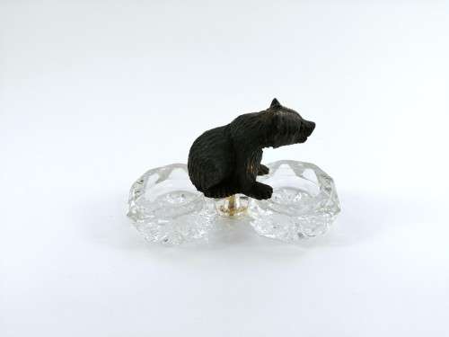 Antique German Black Forest Carved Wood Bear Sitting On Crystal Salt or Spice Cellar