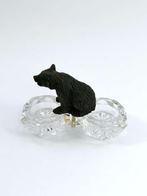 Antique German Black Forest Carved Wood Bear Sitting On Crystal Salt or Spice Cellar