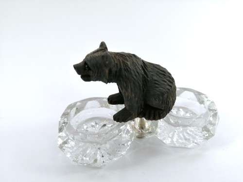Antique German Black Forest Carved Wood Bear Sitting On Crystal Salt or Spice Cellar