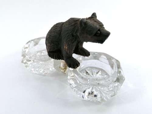 Antique German Black Forest Carved Wood Bear Sitting On Crystal Salt or Spice Cellar