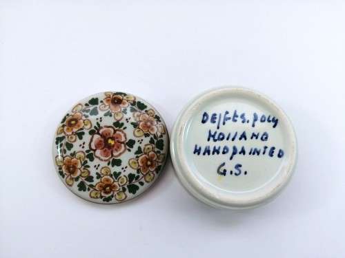 Delft Holland Poly Floral Round Covered Trinket or Candy Box Hand Painted