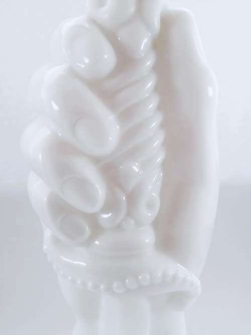 TALL RARE VINTAGE MID-CENTURY MILK GLASS GENIE DECANTER WITH A HAND AND DAGGER MOTIF
