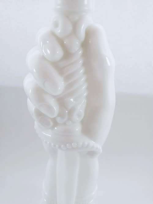 TALL RARE VINTAGE MID-CENTURY MILK GLASS GENIE DECANTER WITH A HAND AND DAGGER MOTIF