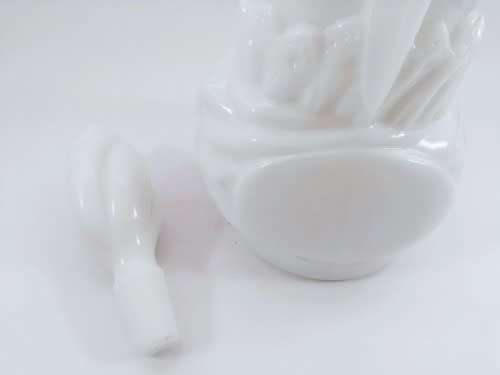 TALL RARE VINTAGE MID-CENTURY MILK GLASS GENIE DECANTER WITH A HAND AND DAGGER MOTIF