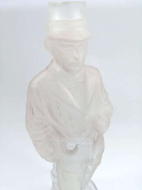 French clear and frosted glass military figurine bottle inscribed STANLEY, circa 1900