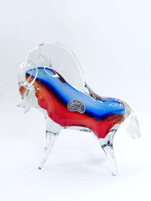 Large Magnificent MURANO Cenedese Bull Figurine Sommerso red and blue ART GLASS GOLD LEAF