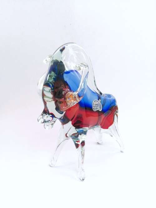 Large Magnificent MURANO Cenedese Bull Figurine Sommerso red and blue ART GLASS GOLD LEAF