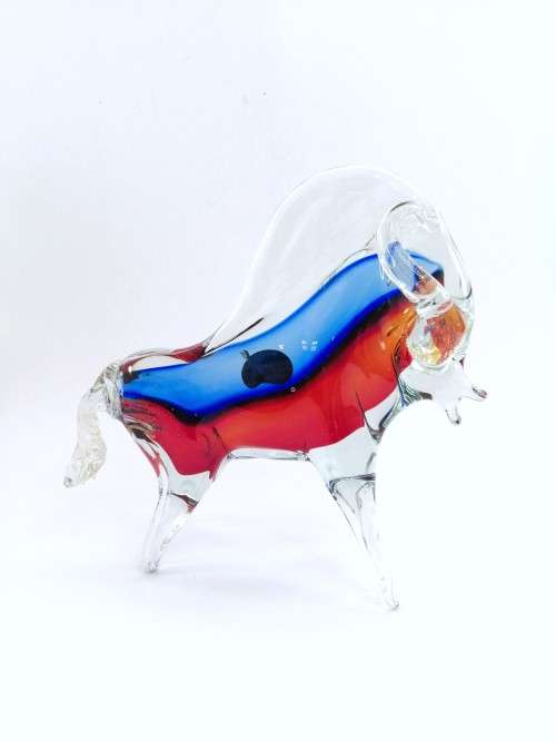 Large Magnificent MURANO Cenedese Bull Figurine Sommerso red and blue ART GLASS GOLD LEAF