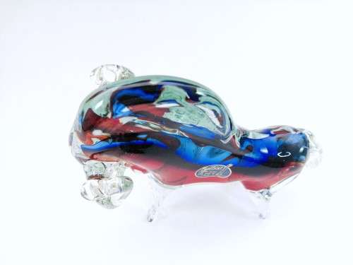 Large Magnificent MURANO Cenedese Bull Figurine Sommerso red and blue ART GLASS GOLD LEAF