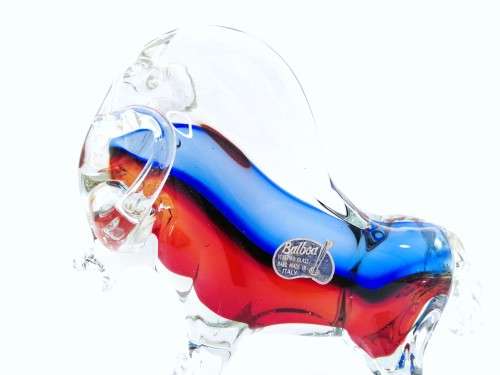 Large Magnificent MURANO Cenedese Bull Figurine Sommerso red and blue ART GLASS GOLD LEAF