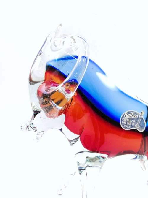 Large Magnificent MURANO Cenedese Bull Figurine Sommerso red and blue ART GLASS GOLD LEAF