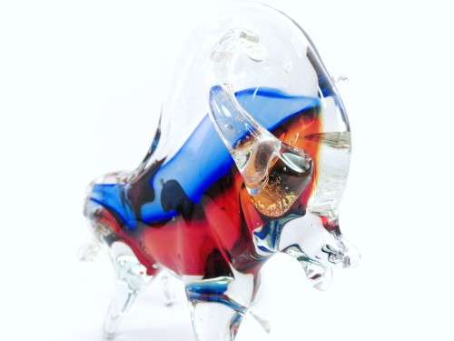 Large Magnificent MURANO Cenedese Bull Figurine Sommerso red and blue ART GLASS GOLD LEAF