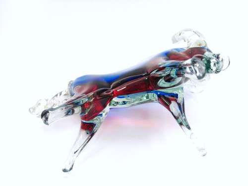 Large Magnificent MURANO Cenedese Bull Figurine Sommerso red and blue ART GLASS GOLD LEAF