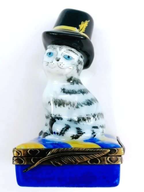 Limoges France Trinket Box Stripey Gray Cat with Hat sat on Cushion Peint Main Marque