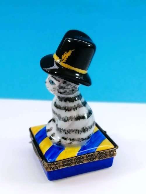 Limoges France Trinket Box Stripey Gray Cat with Hat sat on Cushion Peint Main Marque