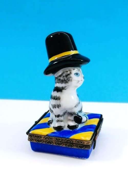 Limoges France Trinket Box Stripey Gray Cat with Hat sat on Cushion Peint Main Marque