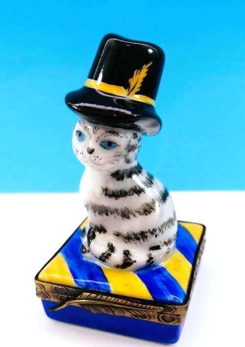 Limoges France Trinket Box Stripey Gray Cat with Hat sat on Cushion Peint Main Marque