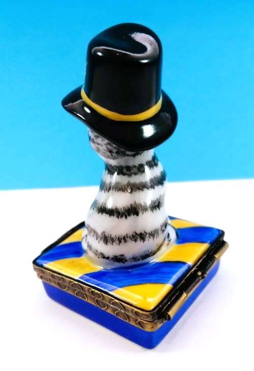Limoges France Trinket Box Stripey Gray Cat with Hat sat on Cushion Peint Main Marque