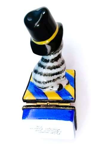 Limoges France Trinket Box Stripey Gray Cat with Hat sat on Cushion Peint Main Marque
