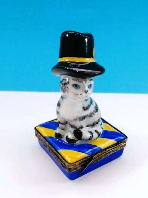 Limoges France Trinket Box Stripey Gray Cat with Hat sat on Cushion Peint Main Marque