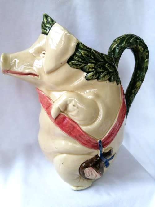 Emperor Pig Carrying a Ham- Antique Majolica Jug Pitcher French