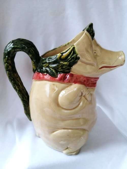 Emperor Pig Carrying a Ham- Antique Majolica Jug Pitcher French