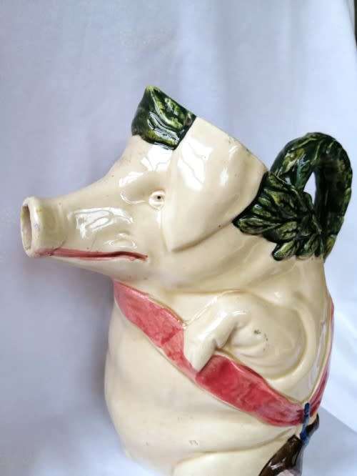 Emperor Pig Carrying a Ham- Antique Majolica Jug Pitcher French